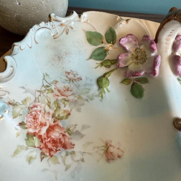 Vintage RS Prussia Large Divided Serving Bowl Iris Mold Handled Floral With Gold - Picture 10 of 13